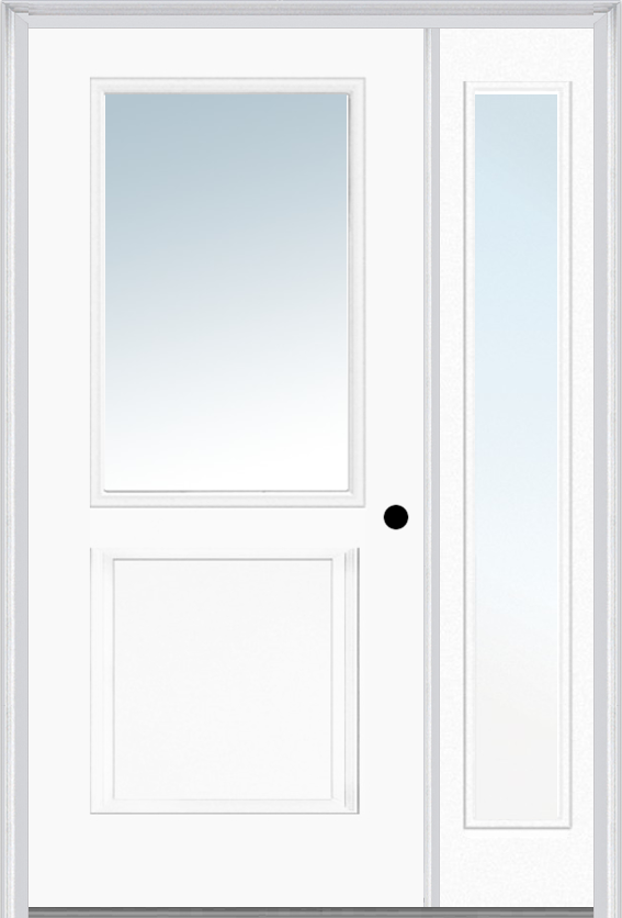MMI 1/2 LITE 1 PANEL 3'0" X 6'8" FIBERGLASS SMOOTH EXTERIOR PREHUNG DOOR WITH 1 FULL LITE CLEAR GLASS SIDELIGHT 682